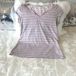 Kismet Women’s Grey Short Sleeved T-Shirt/Pink Horizontal Stripes/Split Neck